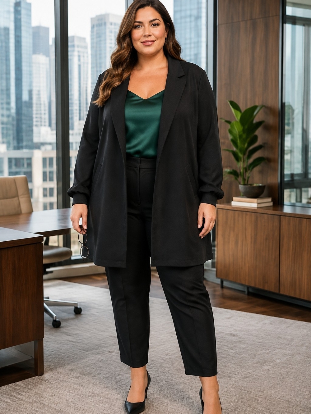 Melloday Black Longline OpenPlus Size Black Tailored Blazer and Pants Set